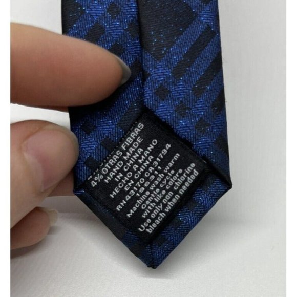 J Ferrar Men's Tie Slim,Skinny Necktie Blue And Black Plaid Blue Metallic Design - Picture 7 of 10